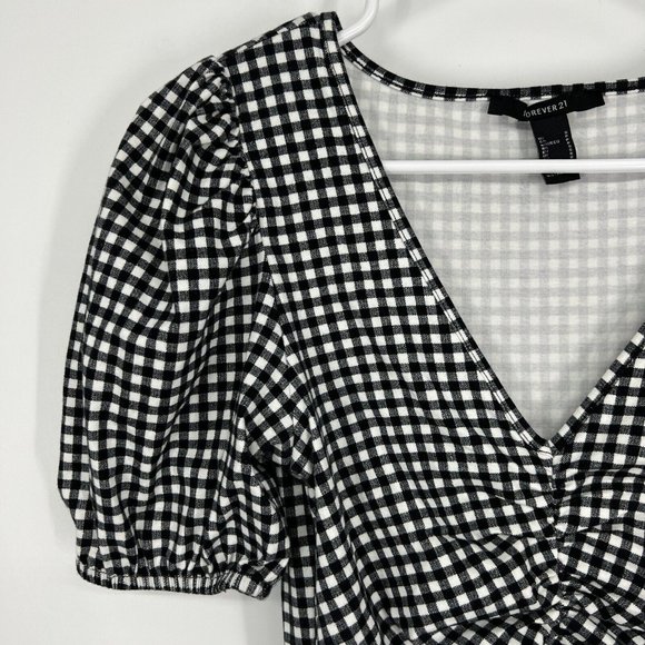 Forever 21 Dress Black White Gingham Ruched Mini Short Sleeve VNeck - Picture 5 of 12